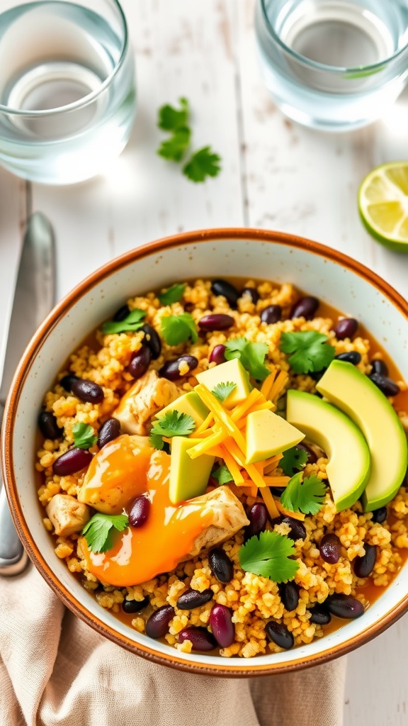 A bowl of chicken enchilada quinoa with shredded chicken, black beans, and cheese, garnished with cilantro and avocado.